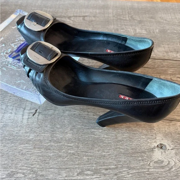 Prada Black Leather Buckle Heels Peep Toe Rare Vintage / EU 41 - Picture 6 of 14